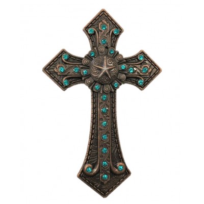 7007COP-TUR TURQUOISE CRYSTAL / COPPER WALL CROSS / W STAR